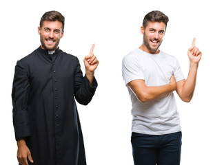 Collage of handsome young man and catholic priest over isolated background with a big smile on...