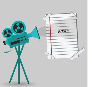Vintage professional camera for movies and a script page