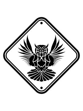 schild vorsicht warnung achtung hinweis zone gefahr federn eule tattoo uhu fliegen vogel cool design raubvogel nacht sch&ouml;n clipart logo