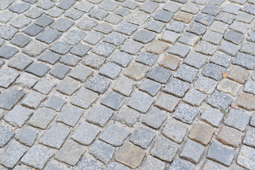 Grey Old Stone Pavement Top View or Granite Cobblestone Road