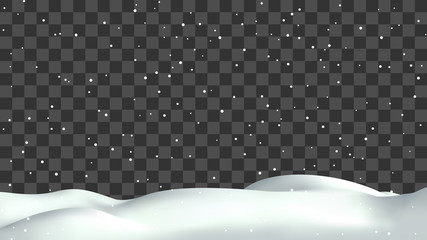 Realistic snow hills landscape. Vector snowdrift with falling snowflakes illustration. Winter background.
