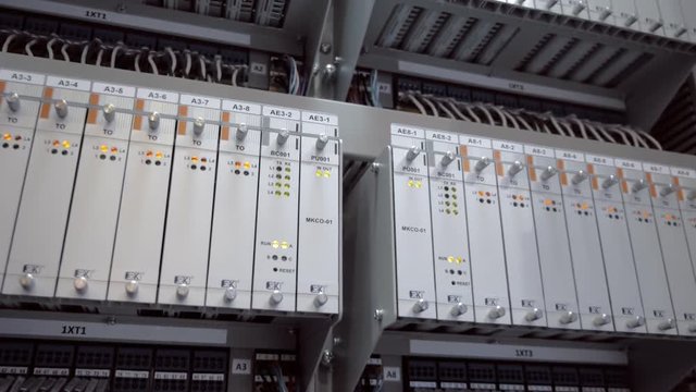 Flashing LEDs of Internet, ethernet equipment indicate huge data traffic. Shot in motion