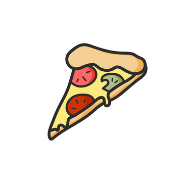 Cute slice of pizza drawing. Junk food. Vector isolated. Illustration.