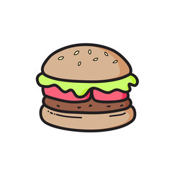 Cute cheeseburger drawing. Junk food. Vector isolated. Illustration.