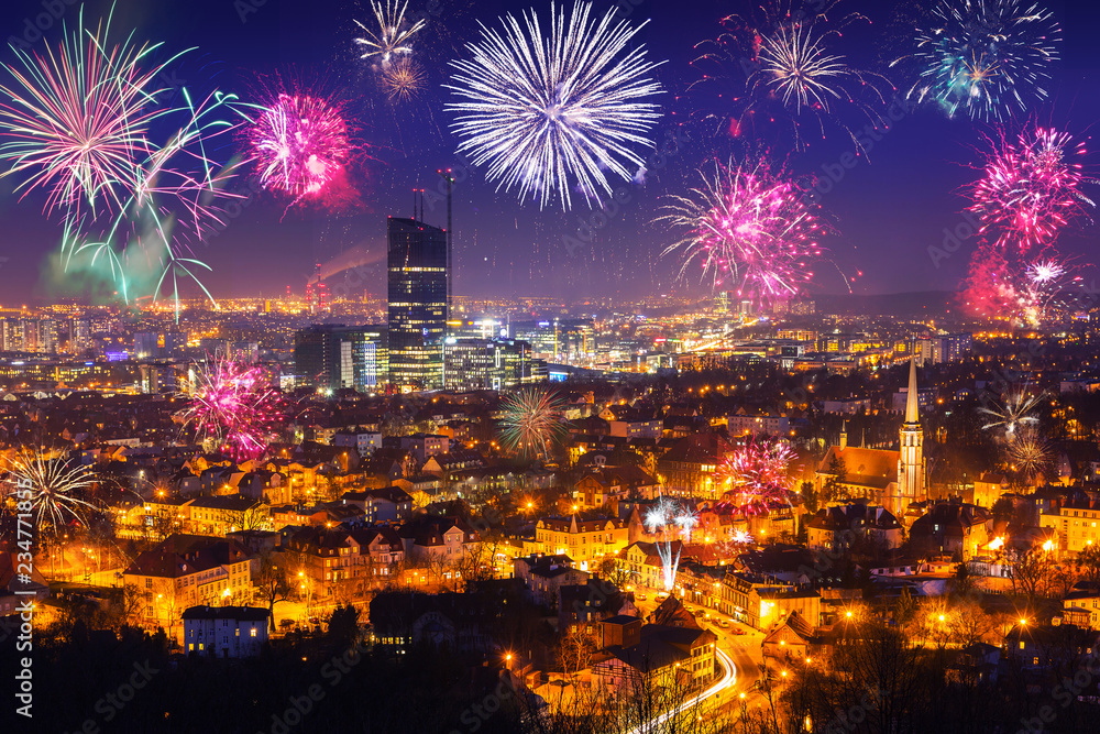 Wall mural New Years fireworks display in Gdansk, Poland