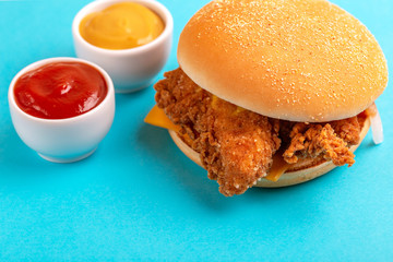 Delicious hamburger or burger with ketchup and mustard