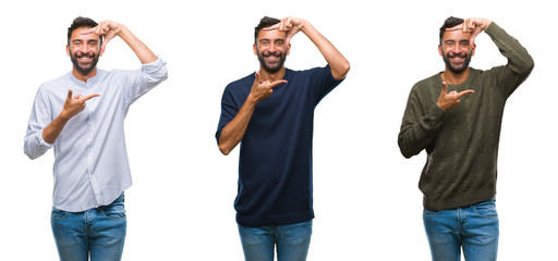 Collage of handsome young indian man over isolated background smiling making frame with hands and fingers with happy face. Creativity and photography concept.