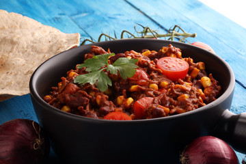 Hot chili con carne. mexican food tasty and spicy.