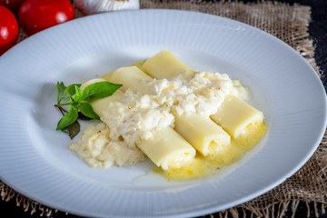 Italian caneloni with bechamel sauce and cheese on rustic background.