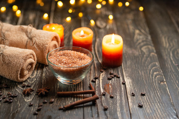Composition of spa treatment on a wooden background, the concept of beauty and health