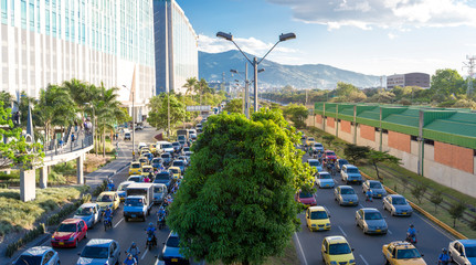 Cityscape and traffic on the road IN Poblado district, Medellin