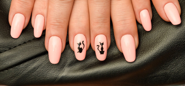 Manicure gel Polish soft pink color with the sliders silhouettes of cats on a black leather background