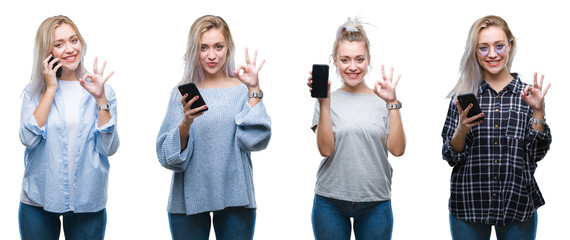 Collage of beautiful blonde young woman using smartphone over isolated background doing ok sign with fingers, excellent symbol