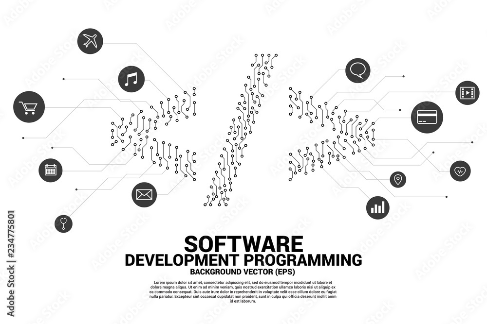 Fototapete Vector dot connect line circuit board style software development programming tag icon. Concept for Programming language technology and coding.