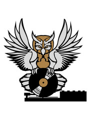 mischpult tresen vinyl dj platte auflegen musik party feiern spaß disko club farbig kontur eule tattoo uhu fliegen vogel cool design federn raubvogel nacht schön clipart logo