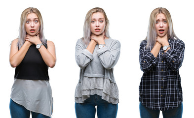 Fototapeta premium Collage of beautiful blonde young woman over isolated background shouting and suffocate because painful strangle. Health problem. Asphyxiate and suicide concept.