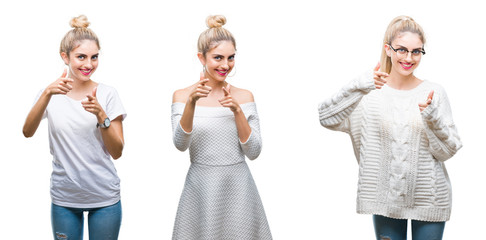 Collage of young beautiful blonde woman over white isolated background pointing fingers to camera with happy and funny face. Good energy and vibes.
