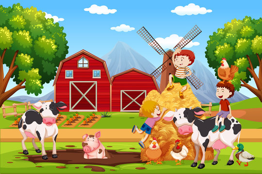 Kids and animals at farmland