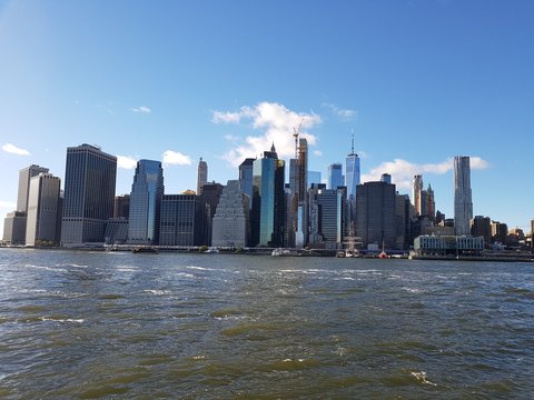 owntown of New York, Skyline with skyscrapers, photo taken from the Brooklyn Bridge