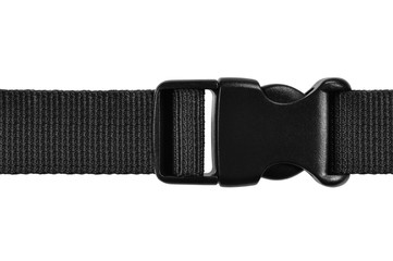 Black side release acculoc buckle plastic clasp, quick nylon belt rope lock strap, isolated macro closeup, large detailed horizontal accessory studio shot - 234778032