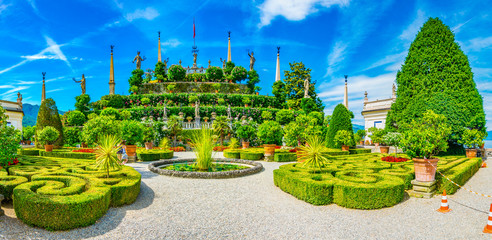beautiful fountain inside of gardens of the Borromeo Palace on Isola Bella, Italy