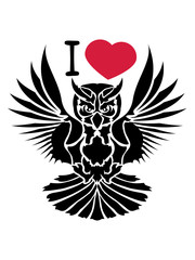 Obraz premium i love liebe herz eule tattoo uhu fliegen vogel cool design federn raubvogel nacht schön clipart logo