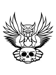 horror tot schädel totenkopf skelett halloween farbig kontur eule tattoo uhu fliegen vogel cool design federn raubvogel nacht schön clipart logo