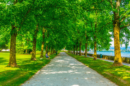 View of a lakeside park in Morges Switzerland