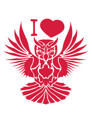 Fototapeta premium herz i love liebe eule tattoo uhu fliegen vogel cool design federn raubvogel nacht schön clipart logo