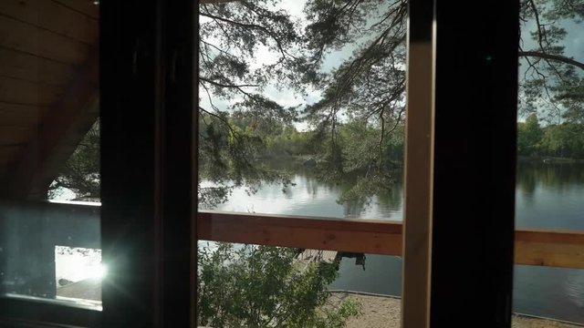 A wooden cottage indoors. Luxury house for vacations interior. Bedroom or room at countryside or village