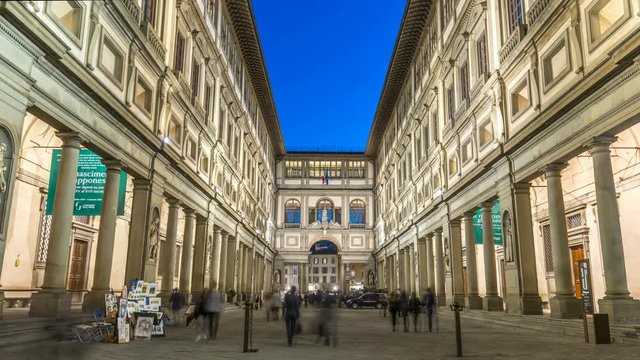 Uffizi Gallery Florence italy night timelapse. It is prominent art museum located adjacent to Piazza della Signoria in central Florence, region of Tuscany, Italy. Motion timelapse at night.