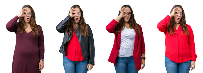 Naklejka premium Collage of beautiful plus size business woman over isolated background doing ok gesture shocked with surprised face, eye looking through fingers. Unbelieving expression.