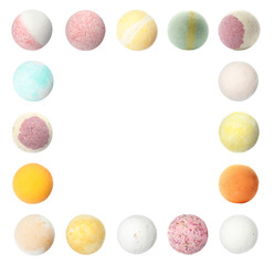 Frame of aromatic bath bombs with space for text on white background