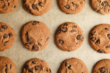 Tasty chocolate chip cookies on parchment, flat lay