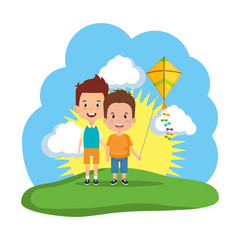 Obraz na płótnie Canvas kids boys with kite flying in the field