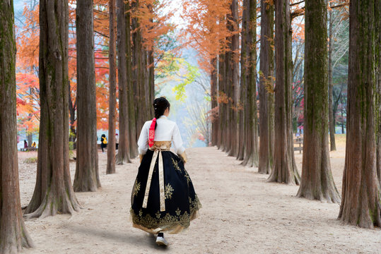 Asian Korean woman dressed Hanbok in traditional dress walking in Nami island in autumn season in Seoul, South Korea..