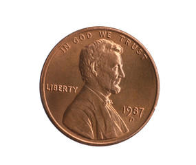United States one cent coin on white background