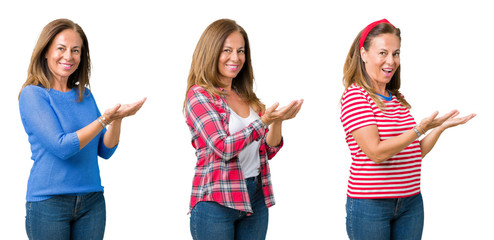 Collage of beautiful middle age woman over isolated background Pointing to the side with hand and open palm, presenting ad smiling happy and confident