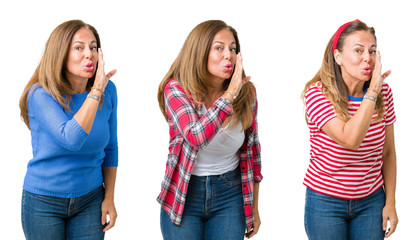 Collage of beautiful middle age woman over isolated background hand on mouth telling secret rumor, whispering malicious talk conversation