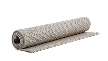 Rolled grey carpet on white background. Interior element