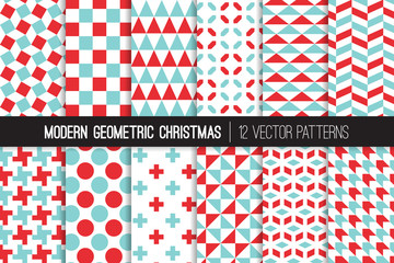 
Christmas Aqua Blue, Red and White Modern Geometric Vector Patterns. Bold Prints for Xmas Wrapping Paper or Card-making. Holiday Backgrounds. Repeating Pattern Tile Swatches Included