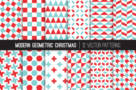 
Christmas Aqua Blue, Red and White Modern Geometric Vector Patterns. Bold Prints for Xmas Wrapping Paper or Card-making. Holiday Backgrounds. Repeating Pattern Tile Swatches Included