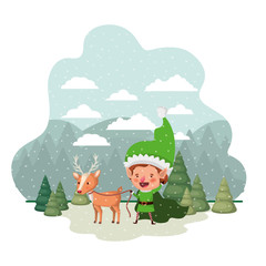 elf with reindeer and christmas trees with falling snow