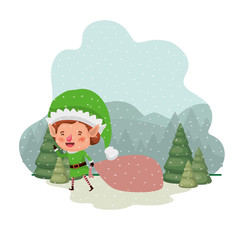 elf with gift bag and christmas trees with falling snow