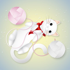 cute funny white cats playing ball of yarn.