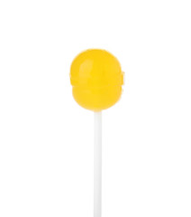 Tasty colorful fruit flavored candy on white background