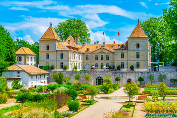 Prangins castle and surrounding gardens in the swiss city Nyon