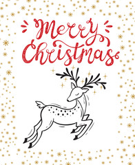 Naklejka premium Merry Christmas greeting card. Happy Holidays. Vector winter holiday background with hand lettering calligraphic and Christmas reindeer. Deer.
