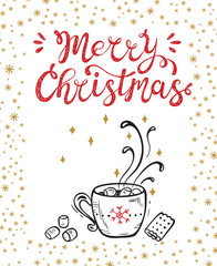 Merry Christmas greeting card. Happy Holidays. Vector winter holiday background with hand lettering calligraphic and Cup of Coffee with Marshmallows and cookie