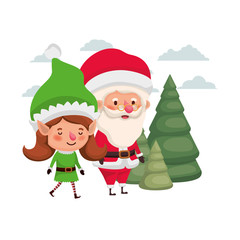 santa claus with elf woman moving with christmas trees